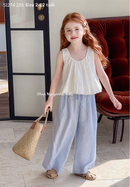 S1274 Set áo trắng sn q kẻ xanh