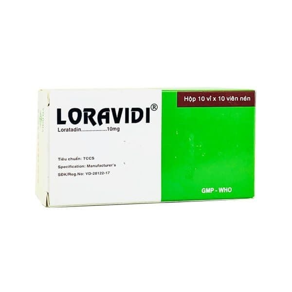 Thuốc Loravidi (Loratadine 10mg) - Vidipha - Điều trị viêm mũi dị ứng, nổi mề đay (Hộp 10vỉ x 10viên)