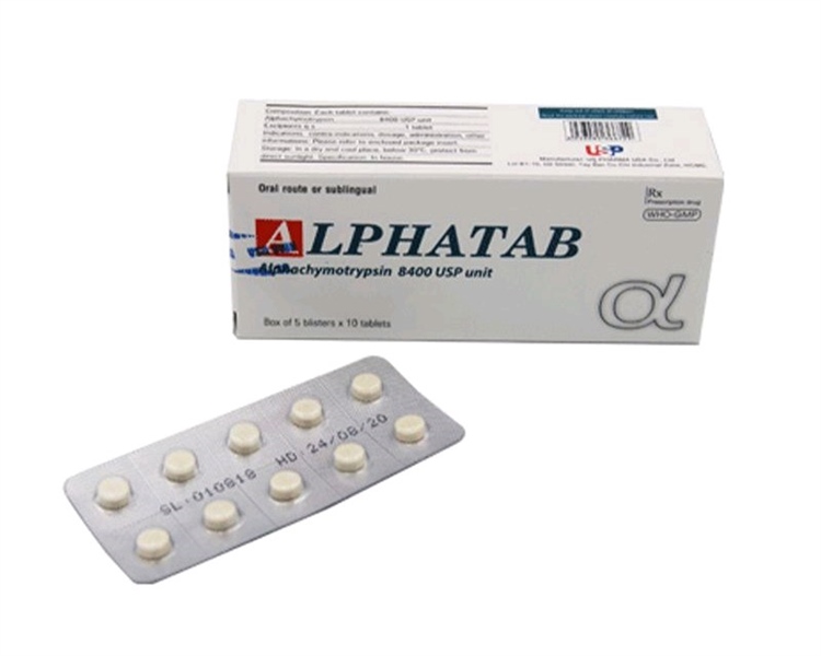 Thuốc Alphatab 8400 UI USPharma Điều trị phù nề sau chấn thương, bỏng, sau phẫu thuật (Hộp 5 vỉ x 10viên)