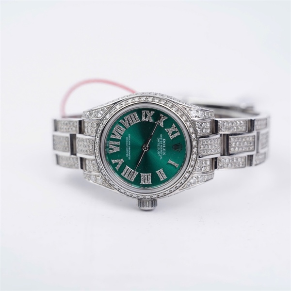 Đồng hồ Rolex bạc mặt xanh đính đá (J9101014) sz28 (HC) KG+