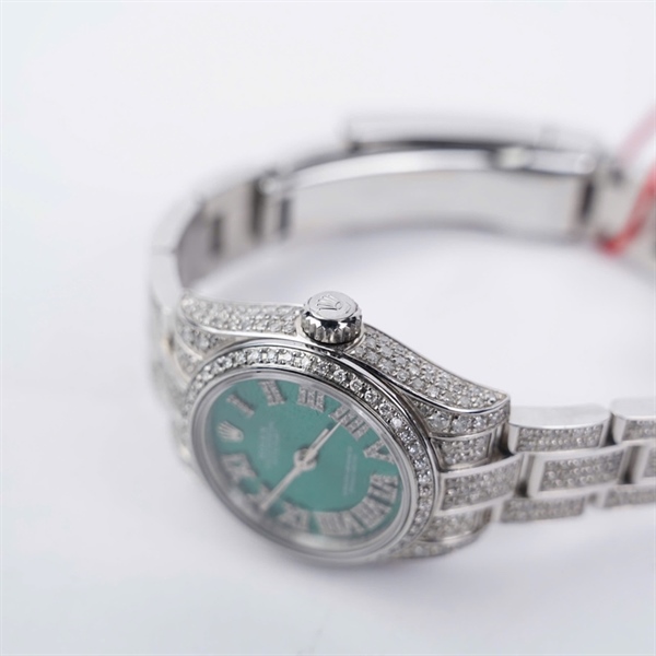 Đồng hồ Rolex bạc mặt xanh đính đá (J9101014) sz28 (HC) KG+