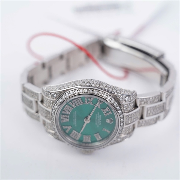 Đồng hồ Rolex bạc mặt xanh đính đá (J9101014) sz28 (HC) KG+