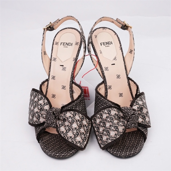 Giày Fendi nâu họa tiết đính nơ cao 12p sz37.5 (BQ) KG+