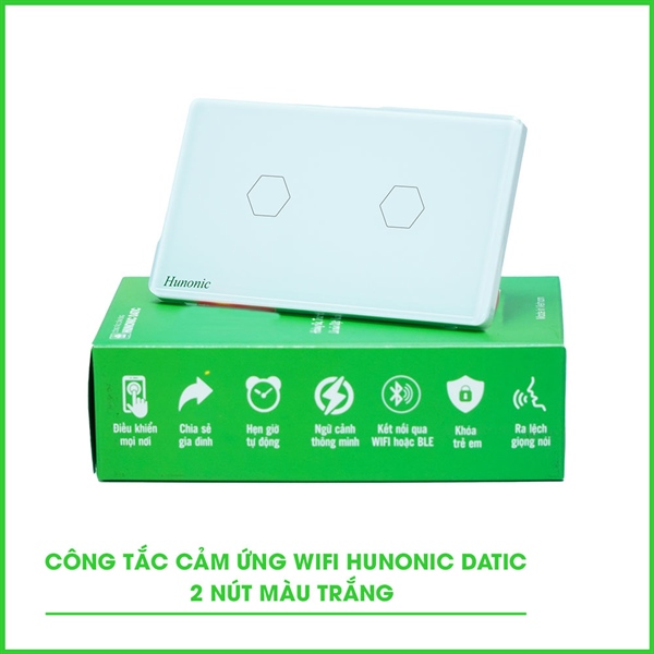 Công tắc cảm ứng WiFi Hunonic Datic 2 Nút, màu Trắng