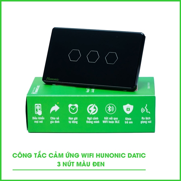 Công tắc cảm ứng WiFi Hunonic Datic 3 Nút, màu Đen