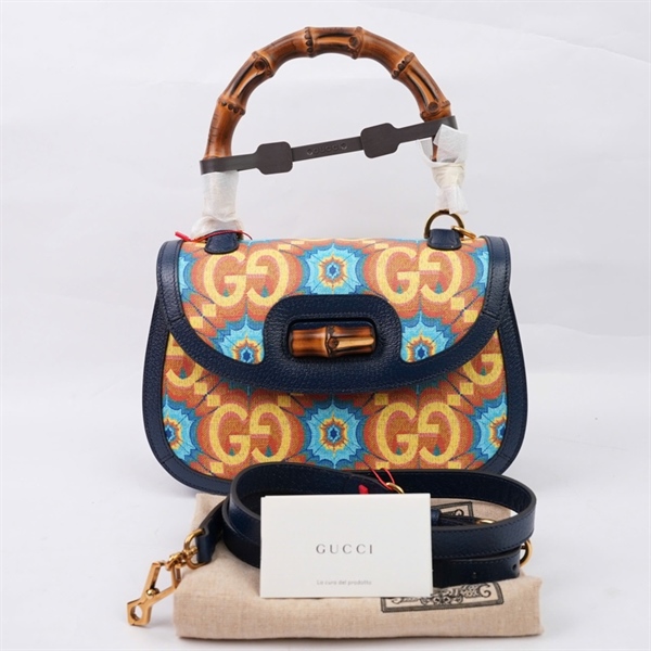 Túi GG Bamboo vàng họa tiết xanh kèm gương (678489-486628) sz23 KG+