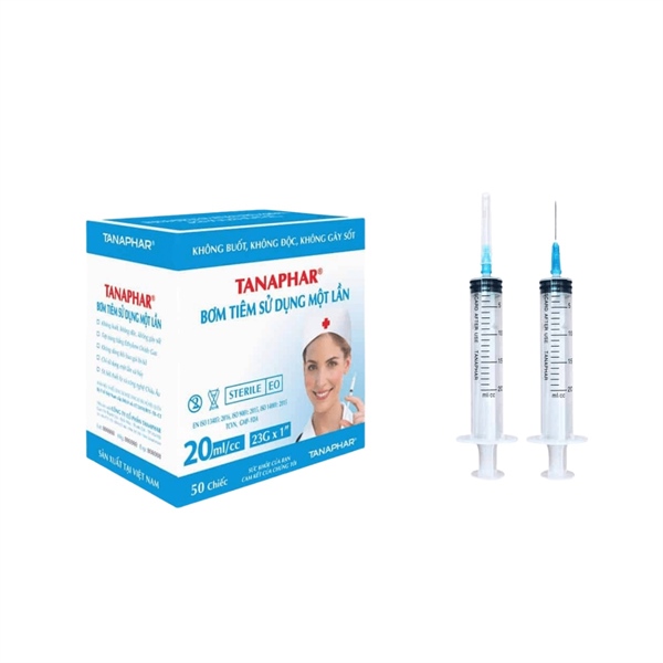 Bơm tiêm 20ml/cc (Kim 23G x 1'') Tanaphar Bơm tiêm sử dụng một lần (Kiện 16 Hộp x 50 cái)