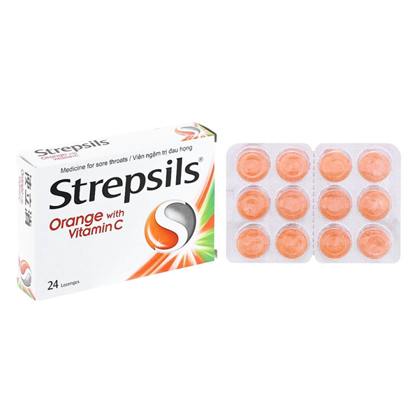 Viên ngậm Strepsils Orange with Vitamin C Thái Lan điều trị đau họng (Hộp 2 vỉ x 12 viên))