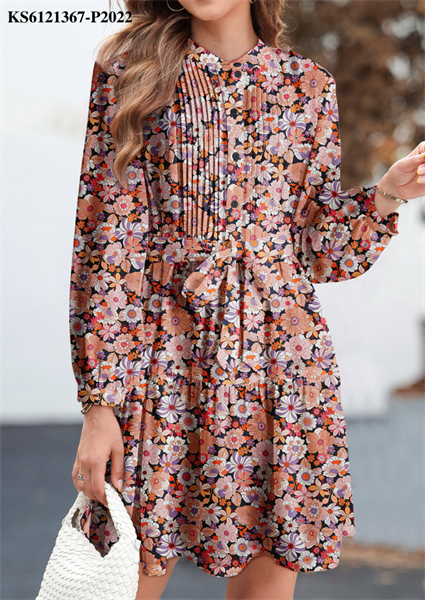 Multicolour Floral Print Long Sleeve Pleated Detail Bleted Mini Dress