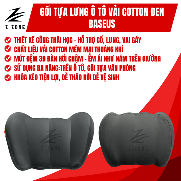 Gối Tựa Lưng Cotton (Đen) Sử Dụng Trên Ô Tô Baseus ComfortRide Series Car Lumbar Có Mút Đệm Lưng 3D Hỗ Trợ Cột Sống