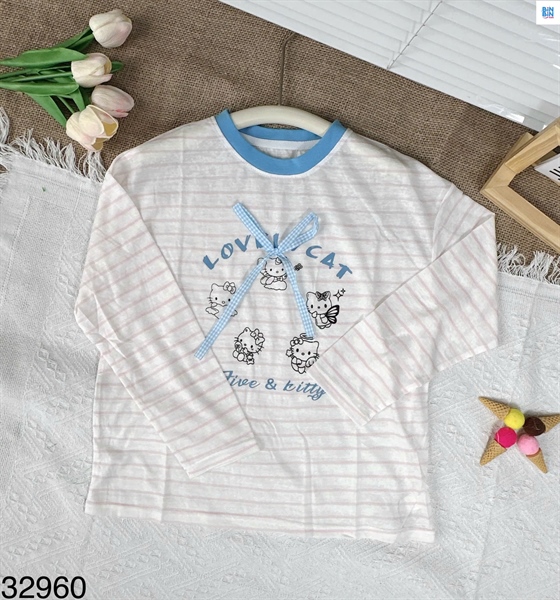 32960- Áo thun hồng kẻ sọc viền xanh