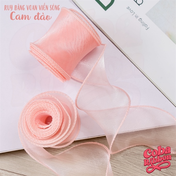 Rộng 55mm - Cam đào - Ruy băng voan có viền sóng biên bèo mềm