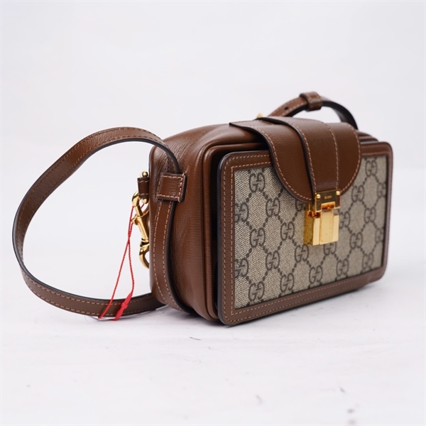 Túi GG xám viền nâu 2strap (614368-0416) sz18 (TL) KG+