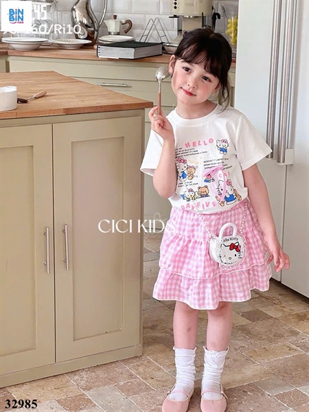 32985- Set Hello kitty nơ + Cv caro hồng