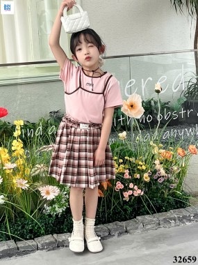 Set Váy MIU Hồng đính đá+CV Caro Hồng