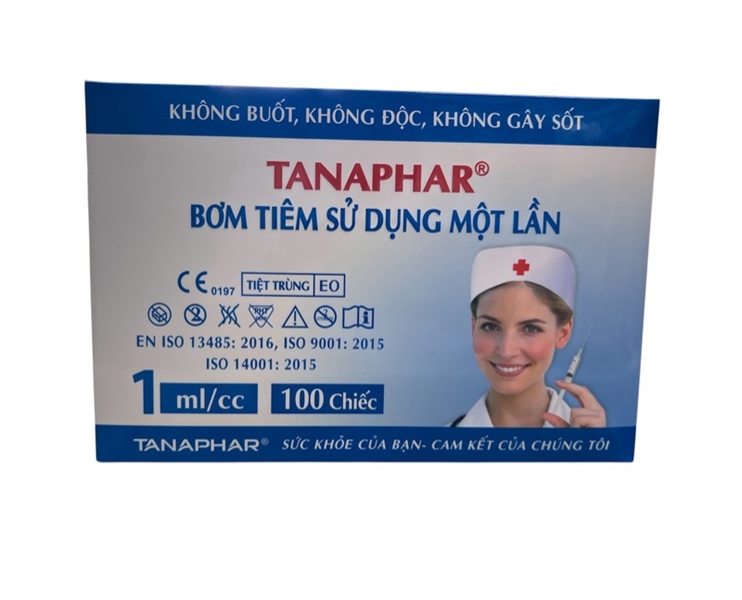 Bơm tiêm 1ml/cc (Kim 26G x 1/2'') Tanaphar Bơm tiêm sử dụng một lần (Hộp 100 cái)