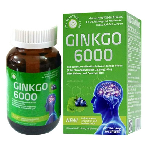 Ginkgo 6000 (H*1lọ*30viên) - Giúp tăng cường lưu thông và hoạt động của não - Nobiphar