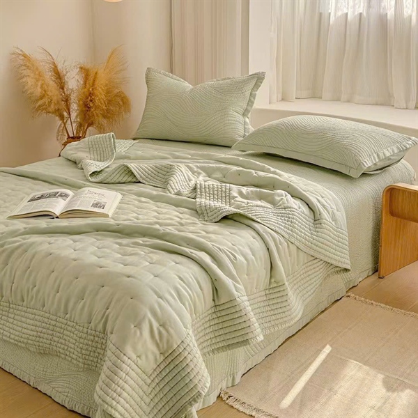 Bộ ga chần full 4 món | Tencel, Bông Ngải cứu - LX01.XANH - (Chăn hè chần, Ga chần phủ họa tiết sóng)