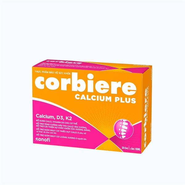 Dung dịch uống Corbiere Calcium Plus 10ml Sanofi Hỗ trợ tăng cường hấp thu canxi, cho xương chắc khỏe (Hộp 30 ống)