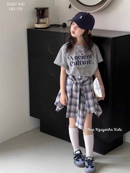 S1307 Set áo xám Ancient váy kẻ cc