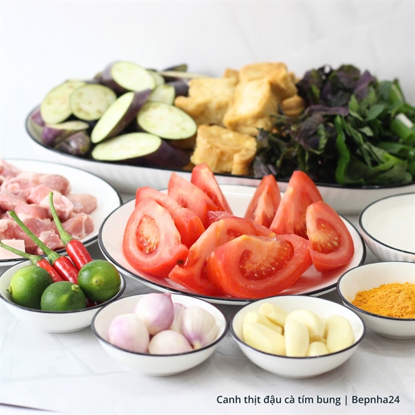 Canh thịt đậu cà tím bung (2 người)