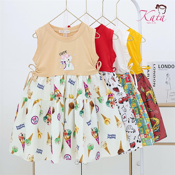 Đầm Bé Gái Phối Chân Váy Họa Tiết Cute Size 4-14 | Bé 12-35kg