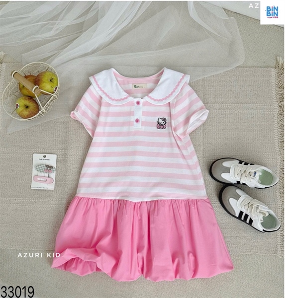 33019-Đầm Kitty Dáng Bí Cổ Thủy Thủ Kẻ Hồng
