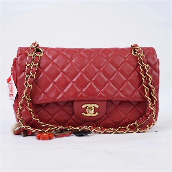 Túi Chanel Classic đỏ kèm lót form xích đính charm (14279437) sz24 (BQ) KG+