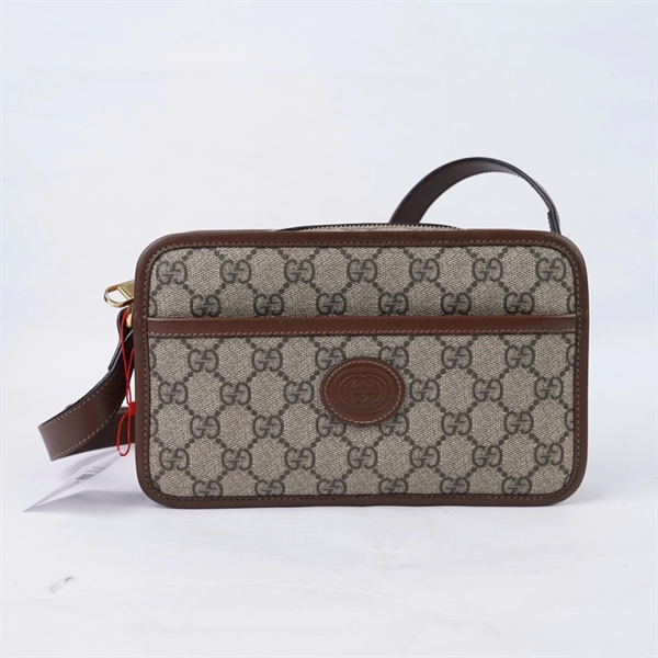 Túi GG đeo chéo xám viền nâu (658572-1147) sz22 (BQ) KG+