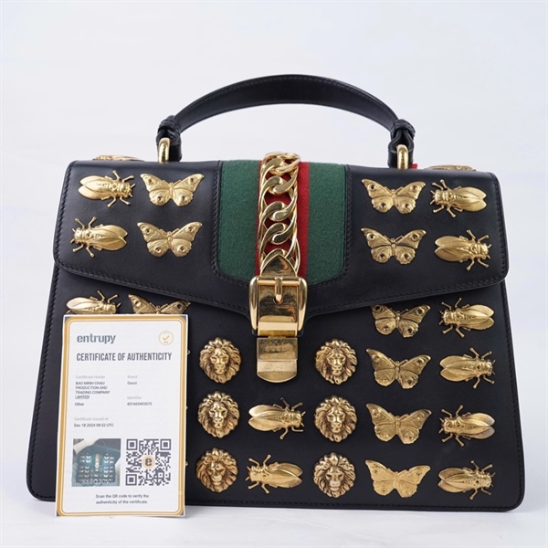 Túi GG Sylvie đen họa tiết ong bướm (431665-493075) sz31 (BQ) KG+