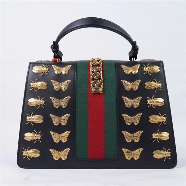 Túi GG Sylvie đen họa tiết ong bướm (431665-493075) sz31 (BQ) KG+