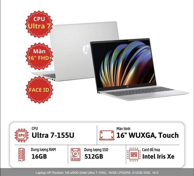 [GIẢM 1TR] Laptop HP Pavilion 16 (Intel Ultra 7-155U, 16GB RAM, 512GB SSD,  IPS WUXGA+ Cảm ứng Win 11, Silver)