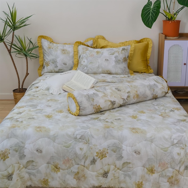 Chăn hè (Vỏ mền/ vỏ mền chần) Tencel 60s họa tiết hoa xanh cốm nền xám trắng