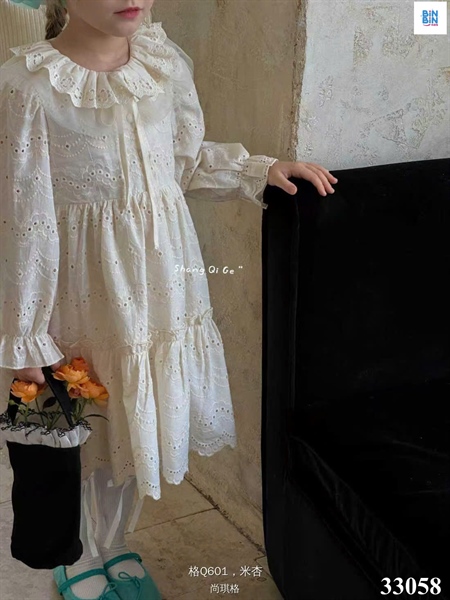 33058-Đầm TD Cổ Bèo Ren Thắt Nơ Be