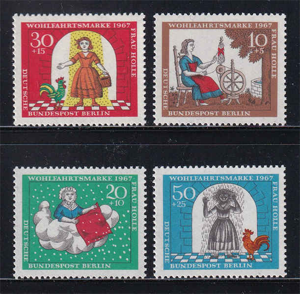 Bộ 4 Tem Đức - Truyện Cổ Grimm "Bà Chúa Tuyết" | Germany - Grimm's Fairy Tales "Frau Holle" 1967 (4) | Mint