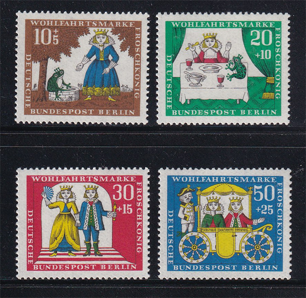 Bộ 4 Tem Đức - Truyện Cổ Grimm "Hoàng Tử Ếch" | Germany - Grimm's Fairy Tales "The Frog Prince" 1966 (4) | Mint