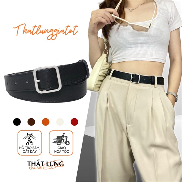 Thắt lưng nữ Ulzzang dây nịt khoá vuông đơn giản (Hỗ trợ bấm, cắt dây nịt) TL002 - Thắt Lưng Giá Tốt - Đen - 2.8cm