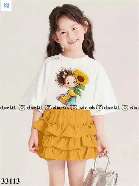 33113-Set váy cô gái vàng cầm hoa hướng dương