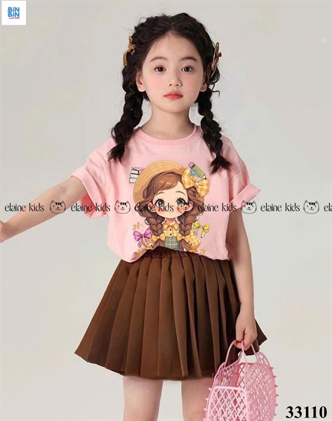 33110-Set váy hồng cô gái 2 bím +cv xếp ly nâu