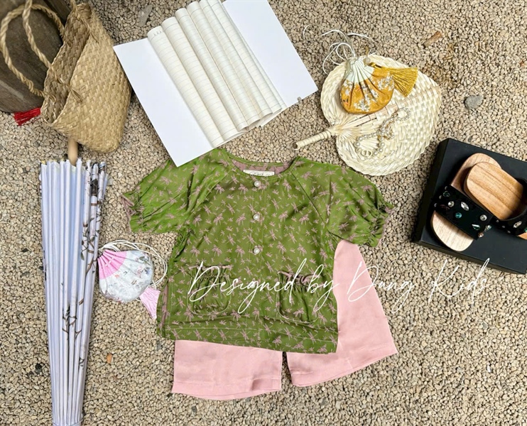 BG Bộ bà ba xanh họa tiết hồng (1-10)