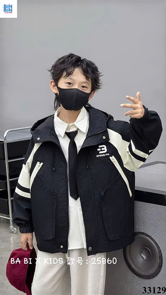 33129-Áo Khoác Gió Đen Khóa Kéo Trắng Chữ B