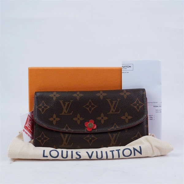 Ví LV hoa nâu nút hoa lòng đỏ KG+