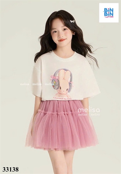 33138-Set áo thun thỏ + CV tầng voan hồng