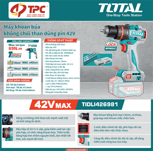Máy khoan búa không chổi than dùng pin 42V Total TIDLI426981