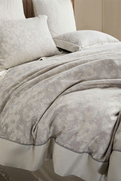 Bộ ga ghi hoa sơn mài viền ghi | Cotton - NY03.12 - Ghi