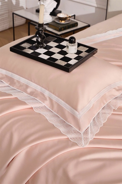 Bộ ga hồng cam trơn viền ren | Cotton - NY03.11 - Hồng cam