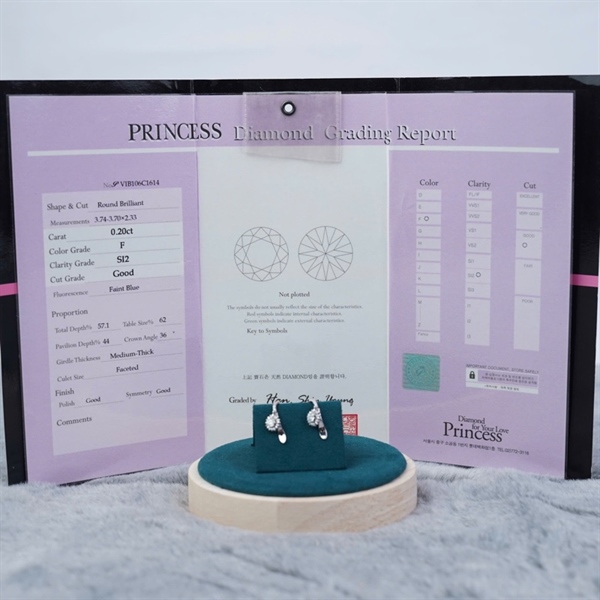 Bông tai Princess kim cương sz3.74-3.70x2.33 KG+