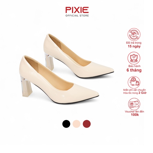 Giày Cao Gót 7cm Da Bóng Đế Vuông Thon Phối Mica X554