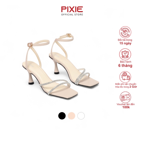 Giày Sandal Cao Gót 7cm Quai Đính Đá Mũi Vuông H403