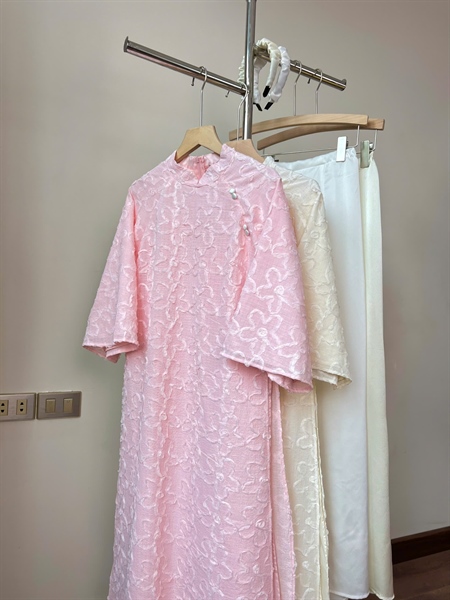 [AH] Set áo dài tơ hoa nổi + quần lụa phi + bờm